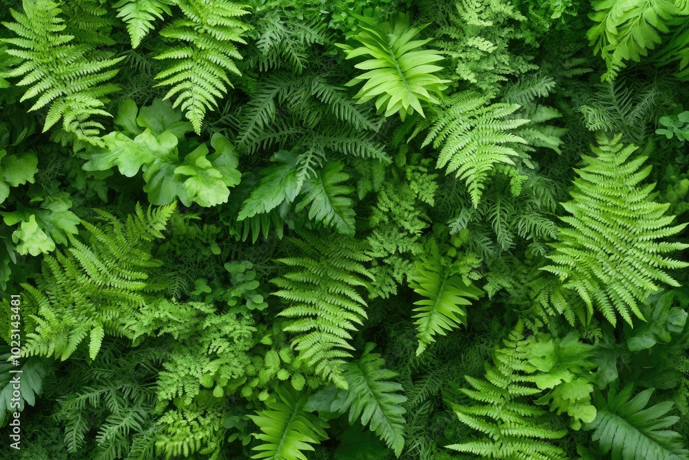 Lush green fern plants creating a refreshing wall Lush green fern plants creating a refreshing wall