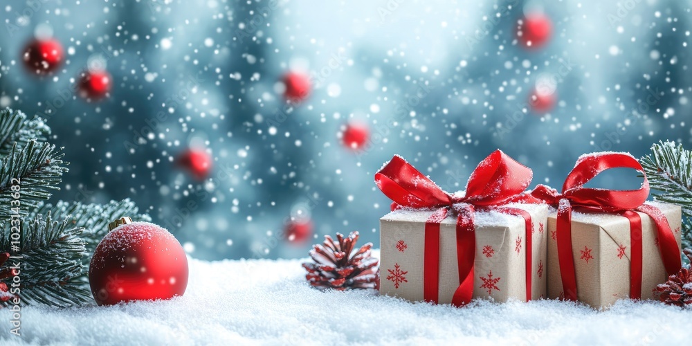 Christmas gifts lying on snow during a snowfall Christmas gifts lying on snow during a snowfall