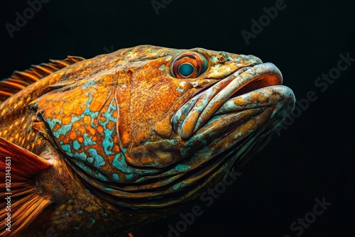 Mystic portrait of Nassau Grouper, copy space on right side, Close-up View, isolated on black background photo