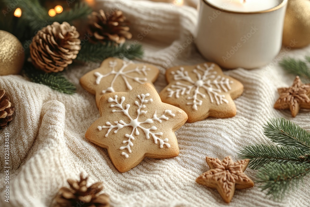 Delicious christmas cookies lying on soft blanket with burning candle Delicious christmas cookies lying on soft blanket with burning candle