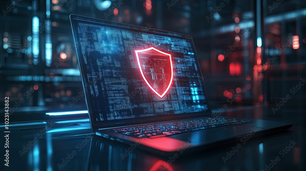 Laptop with glowing red shield on screen, displaying code in a futuristic setting Laptop with glowing red shield on screen, displaying code in a futuristic setting