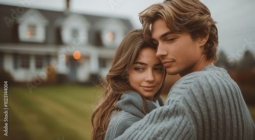 Young couple in front of their new dream home hugging on green lawn, modern family home purchase, real estate investment, new property ownership, suburban house love