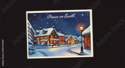 peaceful winter village greeting card with festive decorations