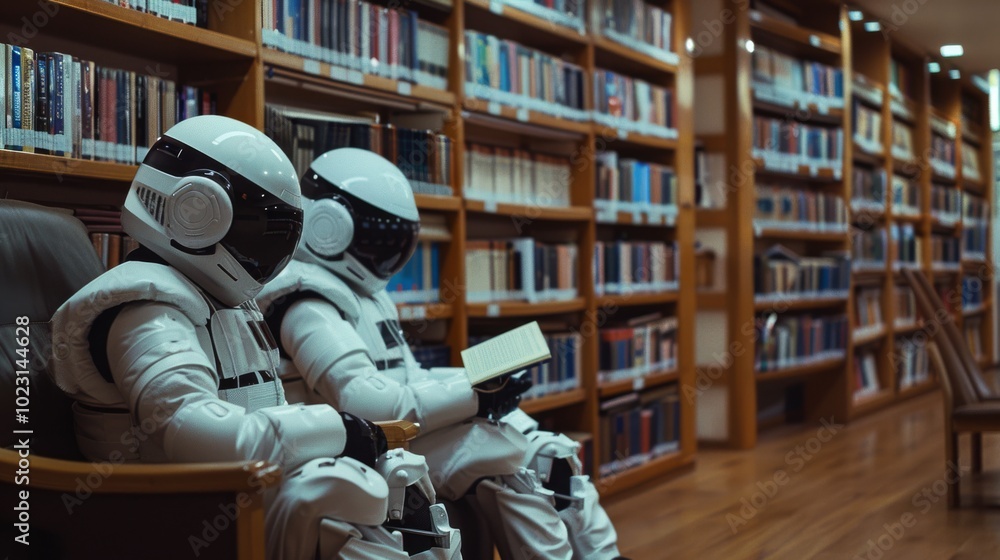 Two human-like robots in a library immersed in books suggest a futuristic blend of technology and timeless knowledge. Two human-like robots in a library immersed in books suggest a futuristic blend of technology and timeless knowledge.