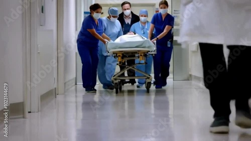 Medical Professionals Rushing a Patient on a Stretcher in a Hospital Corridor