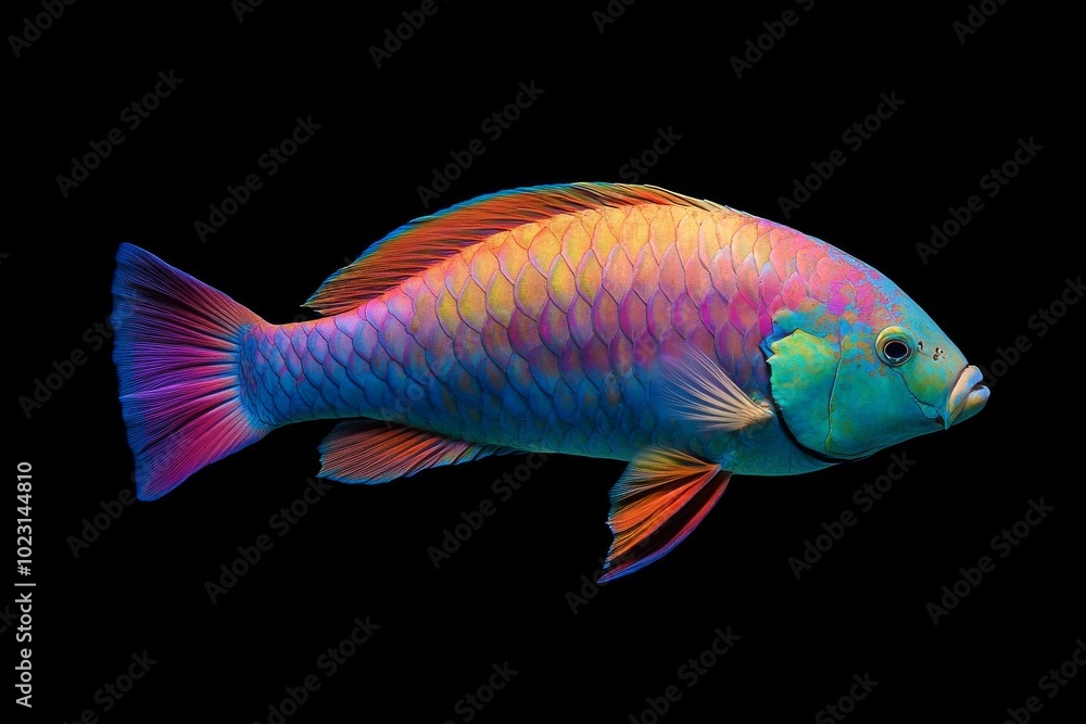 the beside view Palenose Parrotfish, left side view, white copy space on right, Isolated on dark Background the beside view Palenose Parrotfish, left side view, white copy space on right, Isolated on dark Background