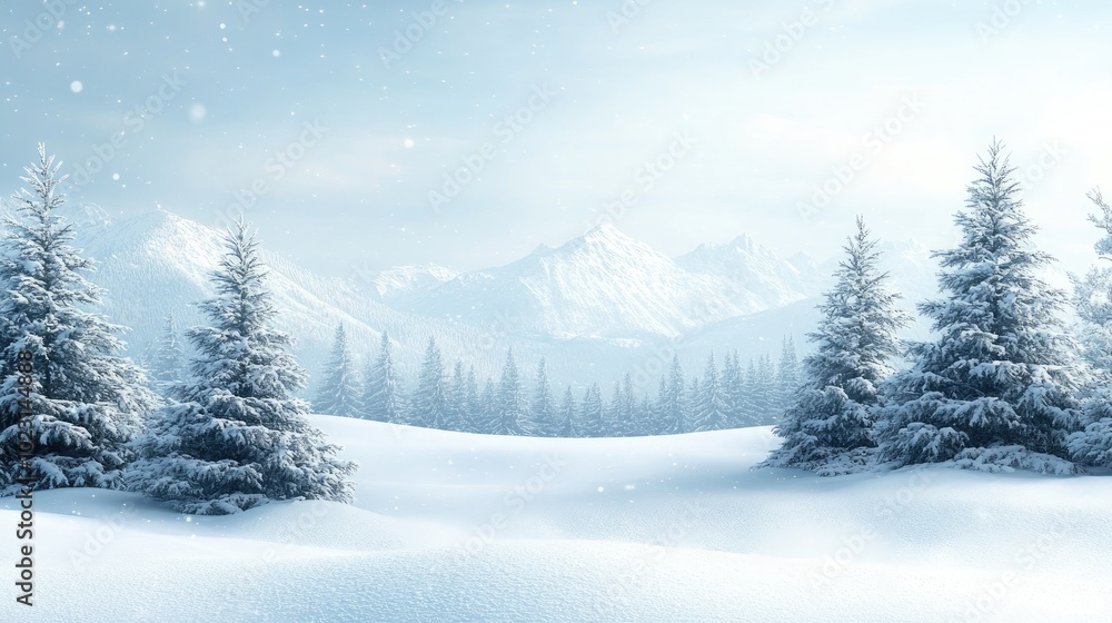 Snow falling on pine trees in mountain landscape Snow falling on pine trees in mountain landscape