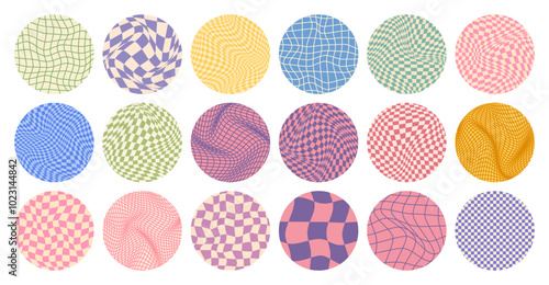 Groovy checkered pattern, round colorful tiled grid. Vintage wavy curved backdrop, distortion effect. Funky geometric chessboard texture, retro background in 90s style, y2k. Vector illustration