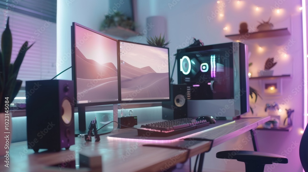 Naklejka premium A sleek gaming setup featuring dual monitors and colorful LED lighting creates an immersive atmosphere for a tech-savvy enthusiast.
