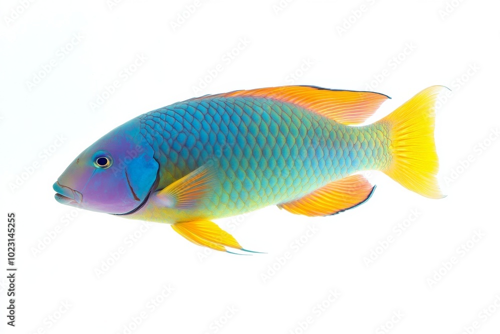 the beside view Yellowtail Parrotfish, left side view, white copy space on right, Isolated on White Background the beside view Yellowtail Parrotfish, left side view, white copy space on right, Isolated on White Background