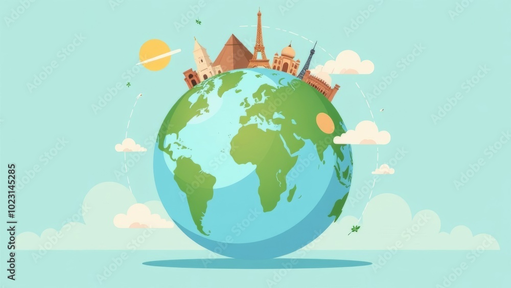 Naklejka premium The globe is on a blue background, with wonders of the world around it. Green ecology travel concept. Earth Day. Clipart design flat isolated illustrations.