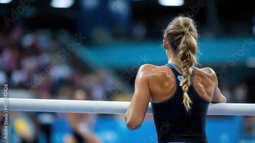 A focused female gymnast stands poised on parallel bars, back facing the viewer, under stadium lights, emphasizing concentration and athletic prowess. photo