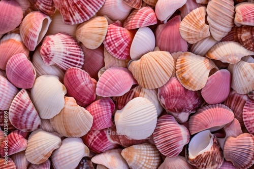 Pink and beige sea shells texture invertebrate seashell seafood. photo