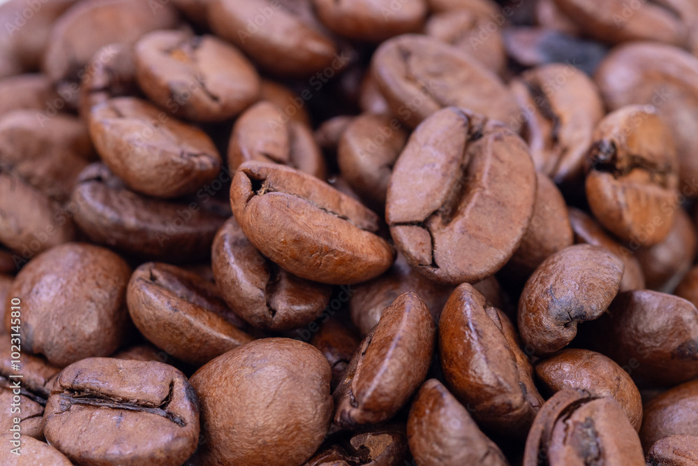 Macro shot of coffee beans placed on a mirror against a white background, showcasing their rich brown hues and intricate surface details Macro shot of coffee beans placed on a mirror against a white background, showcasing their rich brown hues and intricate surface details