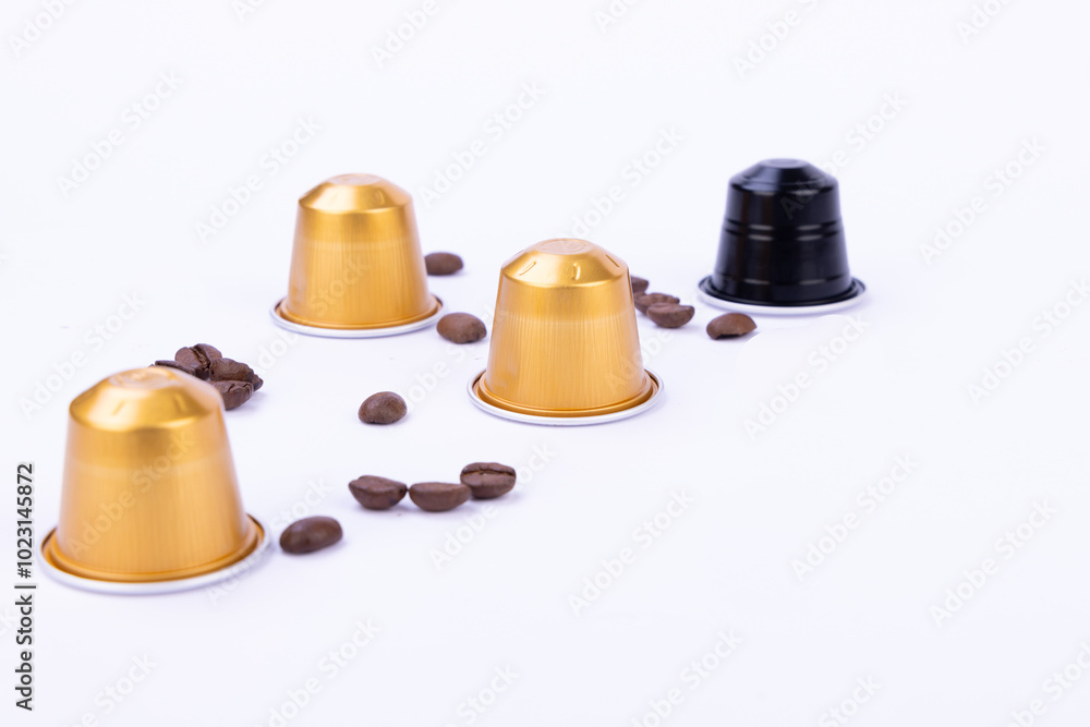 Coffee Capsules and Grains Showcased on a Bright White Background Coffee Capsules and Grains Showcased on a Bright White Background