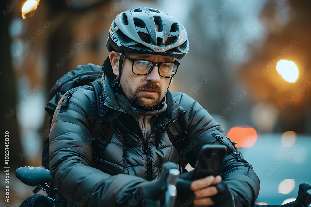 Cyclist in Winter Gear Checking Phone on a City Street Cyclist in Winter Gear Checking Phone on a City Street
