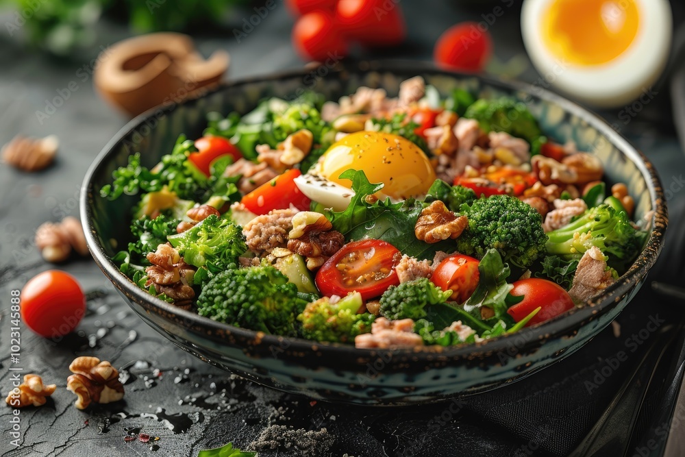 Healthy salad with tuna, broccoli, tomatoes, eggs, and walnuts, drizzled with olive oil and spices Healthy salad with tuna, broccoli, tomatoes, eggs, and walnuts, drizzled with olive oil and spices