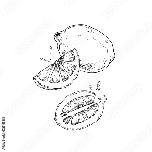Lemon hand drawn vector illustrations with splashes. Sketch of a slice, half and whole lemon. Elements for food and drink label design 