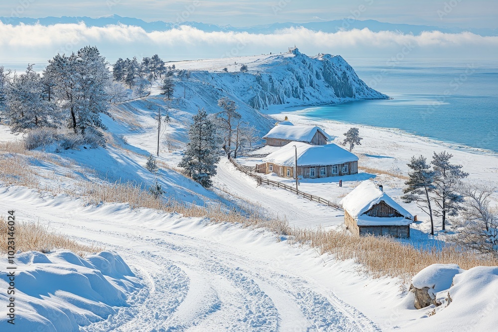 Snowy road leading to wooden houses on lake baikal shore in winter Snowy road leading to wooden houses on lake baikal shore in winter