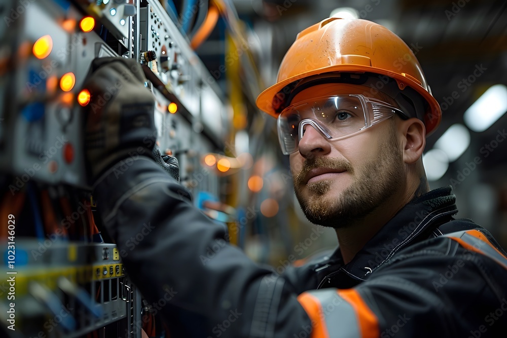 Skilled Electrician Working on Control Panel in Industrial Setting Skilled Electrician Working on Control Panel in Industrial Setting