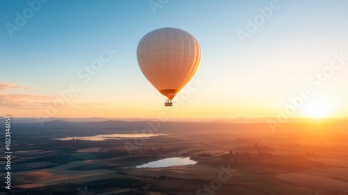 A lone hot air balloon peacefully soars over a stunning, expansive valley at sunset, capturing a serene and breathtaking view of the landscape below. photo