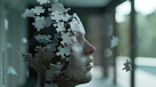 The surreal visual of a face made from puzzle pieces dissolving evokes vulnerability and introspection in a modern, serene environment.
