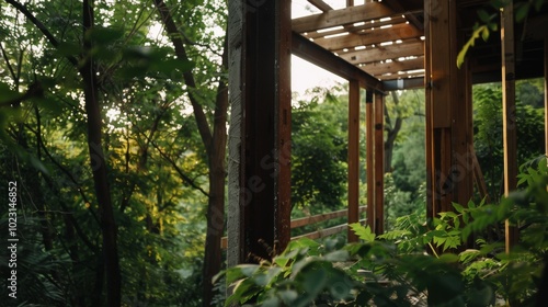 Sun sets over a wooden structure amidst dense foliage, blending nature and architecture in serene harmony, suggesting new dwellings in the making.