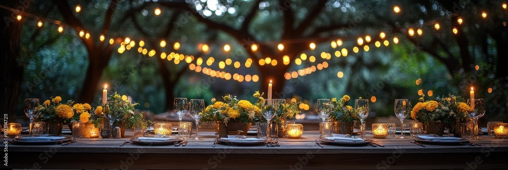 A beautifully arranged outdoor dining table adorned with flowers and soft lighting. A beautifully arranged outdoor dining table adorned with flowers and soft lighting.