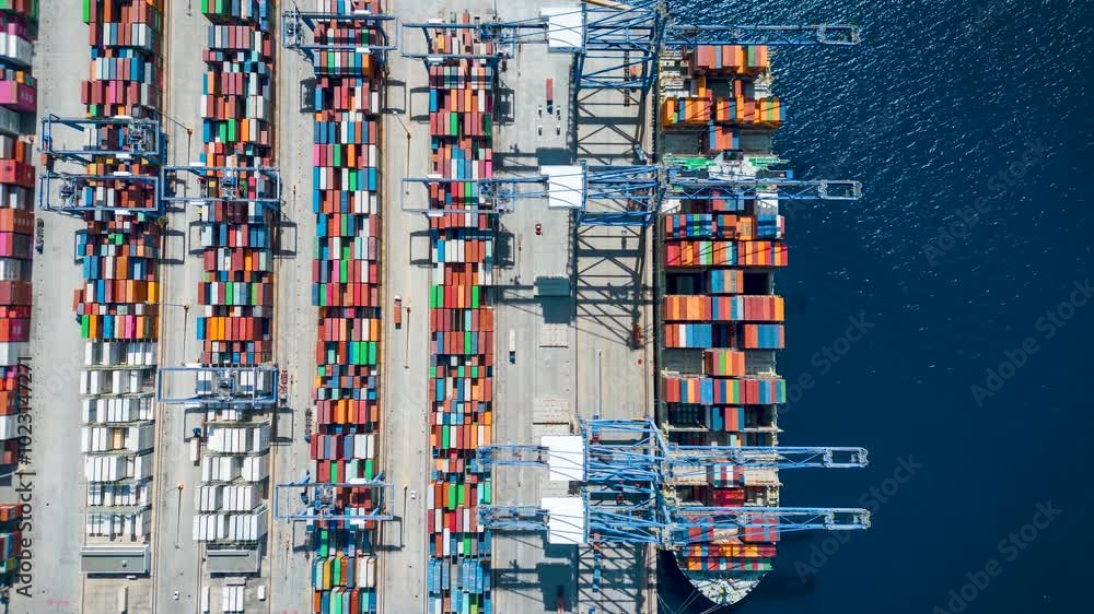 Aerial overhead time lapse view of  large container cargo ship being unloaded by cranes and trucks in a commercial terminal port