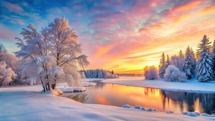 Keuken achterwand Winter Bevroren meer met besneeuwde bomen en pastelzonsondergang  © lapeepon