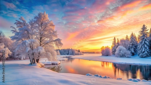 Fototapeta Naklejka Na Ścianę i Meble -  Pastel nature landscape with a Christmas twist featuring snow-covered trees, a frozen lake, and a colorful sunset , winter