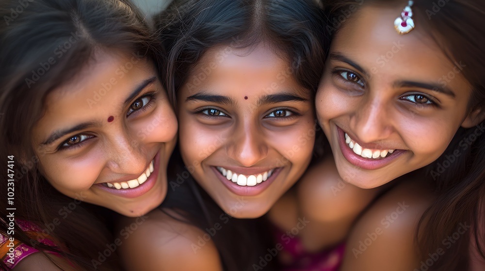 A group of smiling women from India, representing the growing role and strength of women in their society A group of smiling women from India, representing the growing role and strength of women in their society