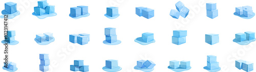 Ice cube cocktail icons set. Diverse set of ice cubes melting, showcasing various arrangements and stages of melting