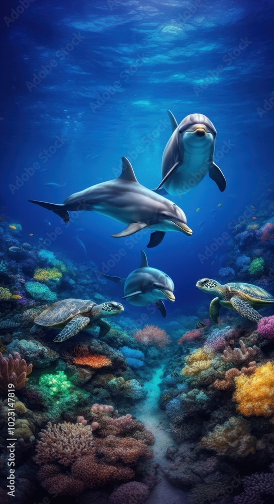 Fototapeta premium Majestic dolphins sea turtles swimming coral reefs