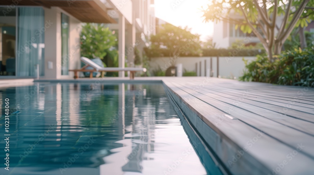Fototapeta premium A modern pool under a gentle sunset glow offers a sleek escape into luxury, where architectural elegance meets tranquil water reflections.
