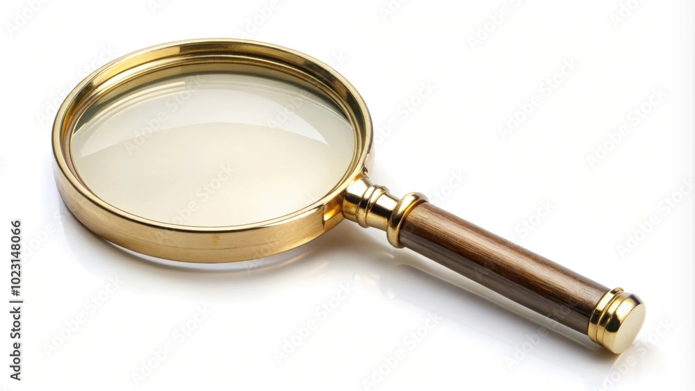 Graceful brass magnifying glass isolated on white background, magnifying glass, brass, classic, elegant, antique, vintage Graceful brass magnifying glass isolated on white background, magnifying glass, brass, classic, elegant, antique, vintage