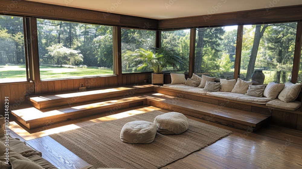 Sunlit modern living room interior with wooden accents and large windows offering a panoramic view of a lush green garden and cozy seating area Sunlit modern living room interior with wooden accents and large windows offering a panoramic view of a lush green garden and cozy seating area