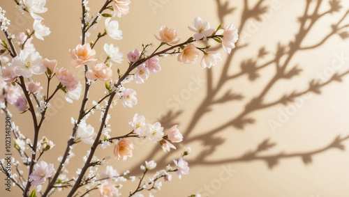 Beautiful cherry blossom branch on beige background with shadows.