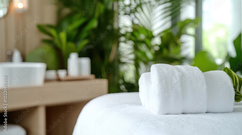 The image showcases a serene spa room with neatly folded white towels placed on a massage table amidst lush green plants, creating a calming and relaxing atmosphere. The image showcases a serene spa room with neatly folded white towels placed on a massage table amidst lush green plants, creating a calming and relaxing atmosphere.