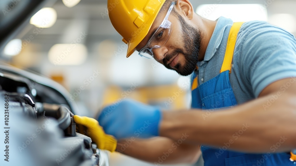 A focused mechanic wearing safety gear and a yellow hard hat, skillfully working on a car engine in a well-lit workshop, emphasizing precision and dedication. A focused mechanic wearing safety gear and a yellow hard hat, skillfully working on a car engine in a well-lit workshop, emphasizing precision and dedication.