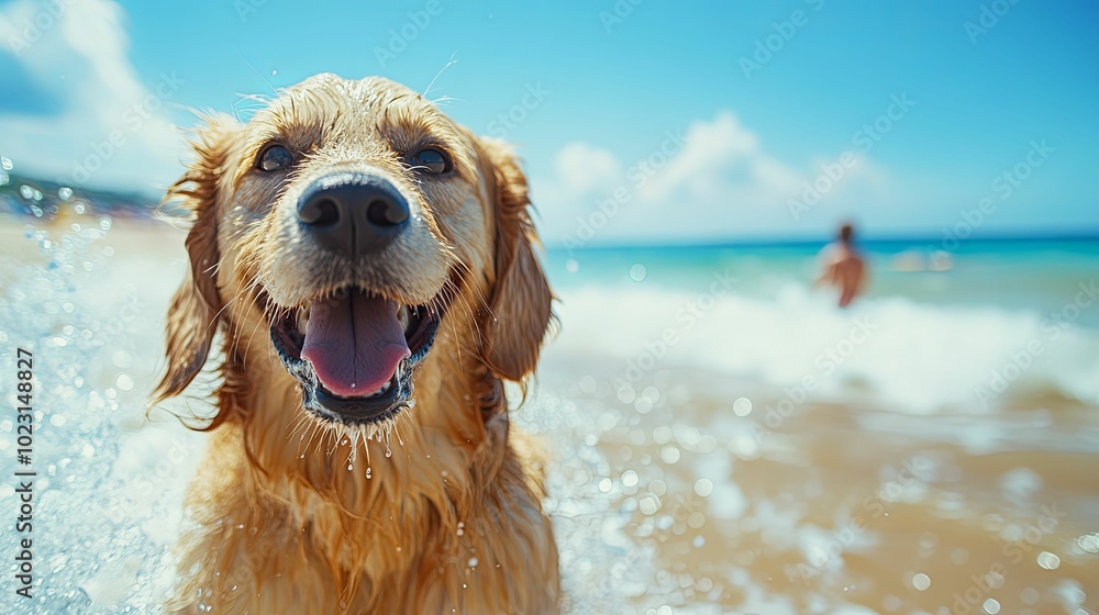 Golden Retriever Dog with Tongue Out, Smiling at the Beach Golden Retriever Dog with Tongue Out, Smiling at the Beach
