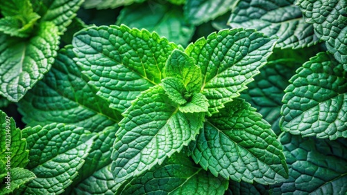 Close-up view of vibrant mint leaves with textured surface and serrated edges, mint, green, leaves, lush, close-up, texture