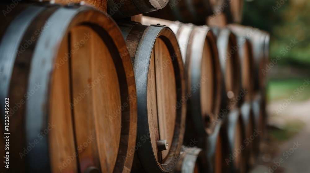 Stacked barrels bask in soft natural light, embodying craftsmanship and the silent promise of maturation within a serene setting. Stacked barrels bask in soft natural light, embodying craftsmanship and the silent promise of maturation within a serene setting.
