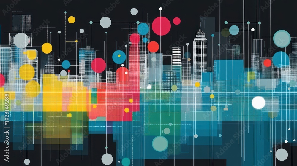 Fototapeta premium Abstract city skyline with colorful geometric shapes and patterns.
