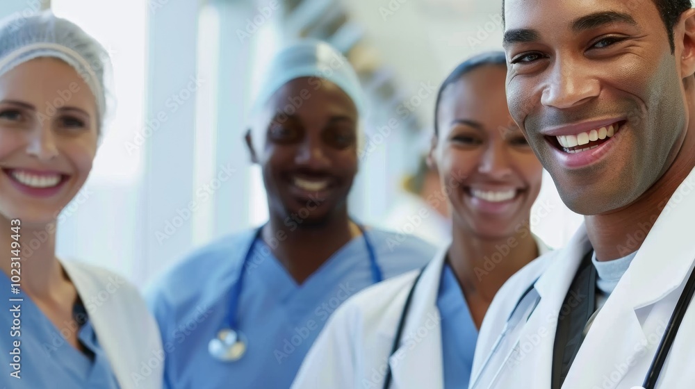 A joyful team of diverse medical professionals in scrubs and lab coats, smiling confidently in a hospital corridor, reflecting teamwork and positivity. A joyful team of diverse medical professionals in scrubs and lab coats, smiling confidently in a hospital corridor, reflecting teamwork and positivity.