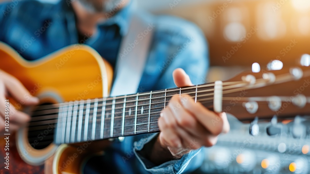 A musician fingers an acoustic guitar, crafting a melodic tune with precision and emotion, showcasing the beauty and artistry of live musical performance. A musician fingers an acoustic guitar, crafting a melodic tune with precision and emotion, showcasing the beauty and artistry of live musical performance.