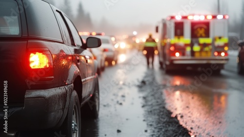 Vehicles line up on a wet highway after a road incident, emergency vehicle lights flash amid the rain, illustrating traffic congestion and commuter delays.