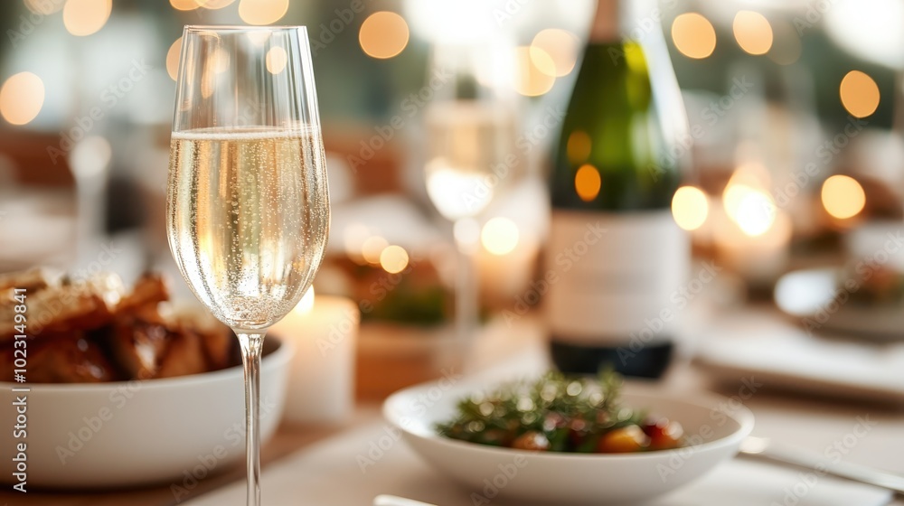 Stylish dining setup featuring glasses of bubbly surrounded by warm, festive lighting, creating a sophisticated and inviting atmosphere for a special dinner. Stylish dining setup featuring glasses of bubbly surrounded by warm, festive lighting, creating a sophisticated and inviting atmosphere for a special dinner.