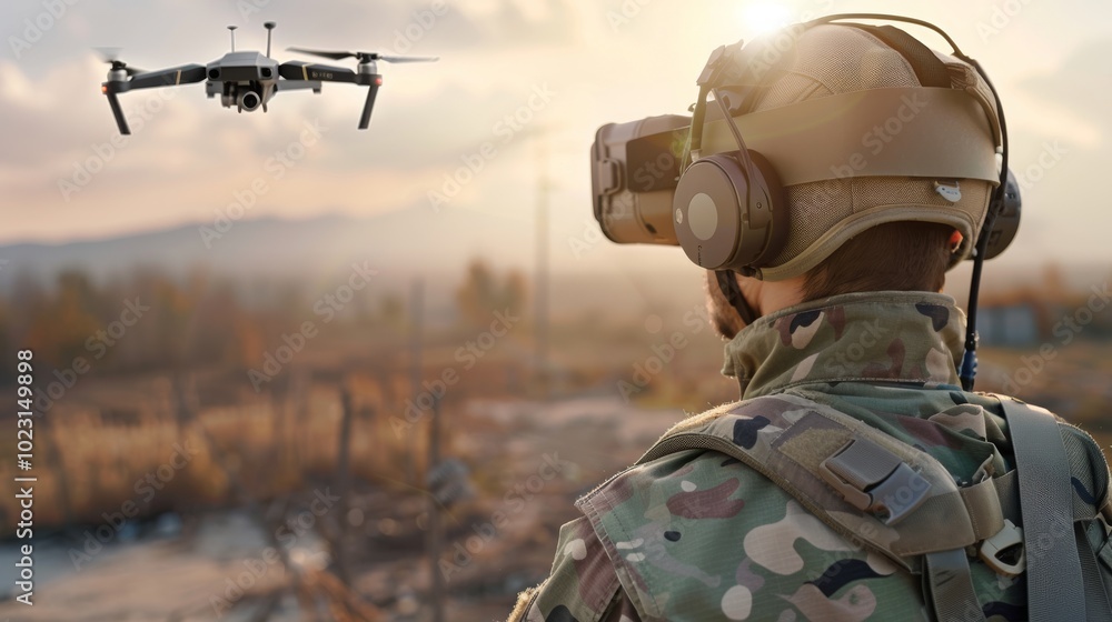 A soldier operates a drone with a VR headset in a vast field at sunset, blending technology with nature. A soldier operates a drone with a VR headset in a vast field at sunset, blending technology with nature.