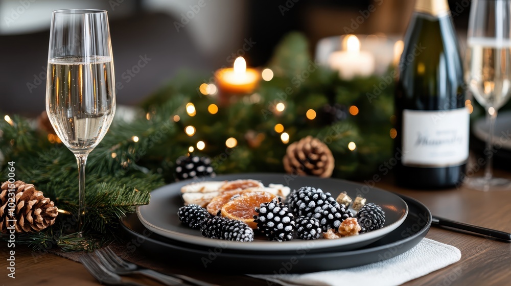 A beautifully set dinner table features elegant champagne flutes, festive candles, and various decor elements like pinecones, exuding a cozy holiday ambiance. A beautifully set dinner table features elegant champagne flutes, festive candles, and various decor elements like pinecones, exuding a cozy holiday ambiance.